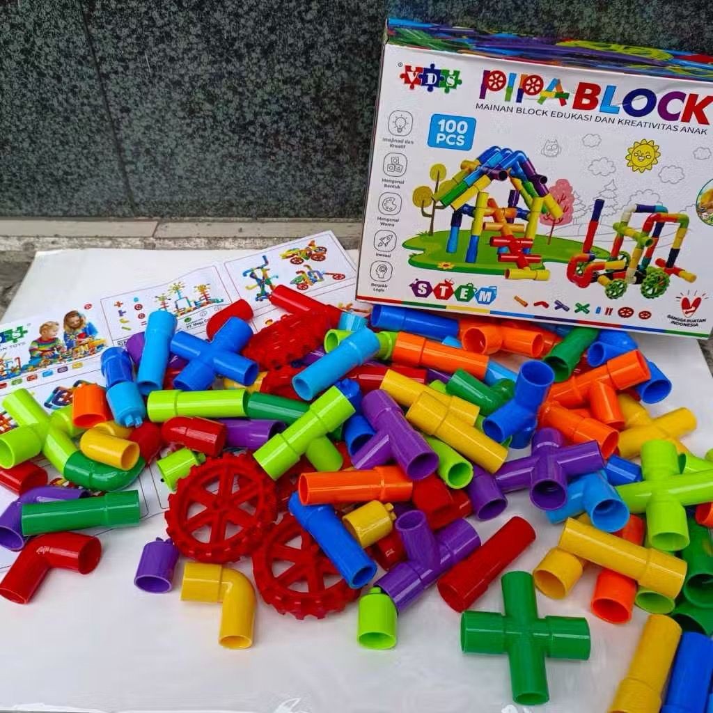 Isi 100 Pcs Mainan Edukasi Anak Blok Pipa / Education Toys Block Pipa / Pipa Susun Edukasi Premium