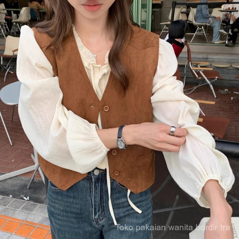 Women's French Retro Suede Sleeveless Vest Cardigan V Single-Breasted Short Layered Vest