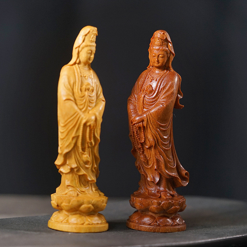 Patung Buddha Guanyin Bodhisattva Ukiran Kayu Solid dari Kayu Cendana Emas dan Ungu Ornamen Kerajina