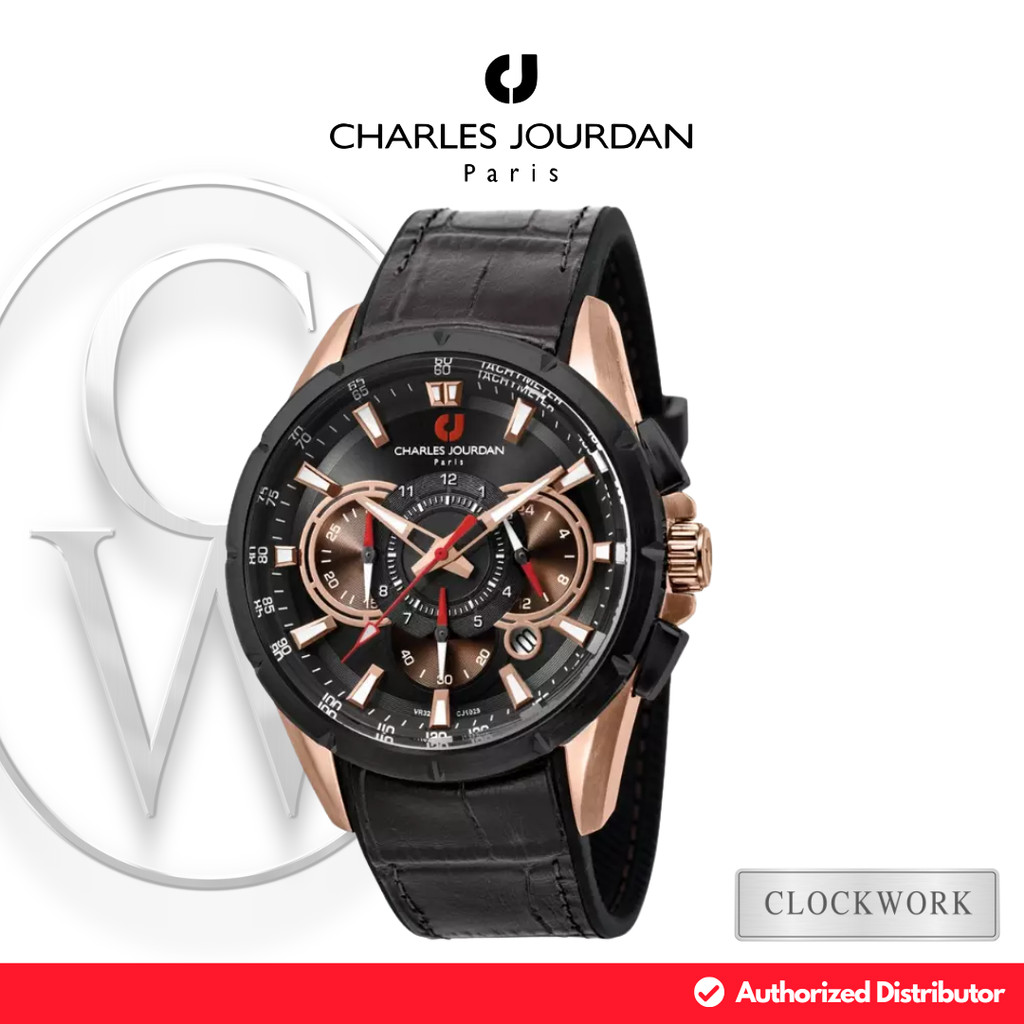 Jam Tangan Pria Charles Jourdan CJ1029-1532C Kulit Sporty Casual Kombinasi Hitam dan Rosegold