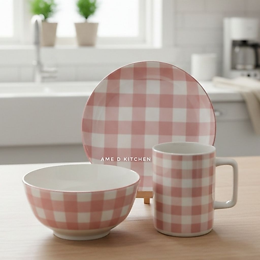 Latopia_ Peran Makan Keramik, Mug Mangkok Piring Keramik Pastel Kotak-Kotak Gingham