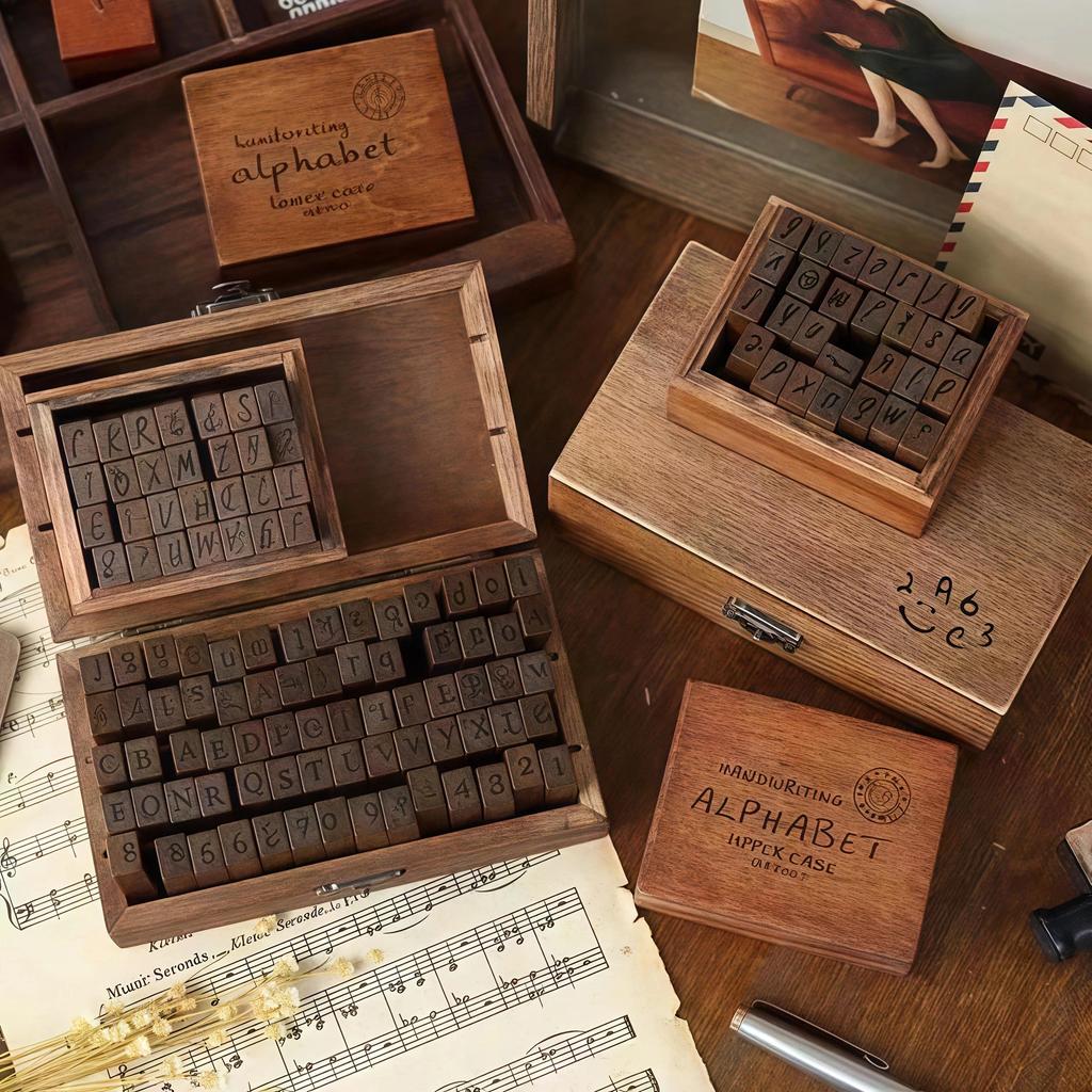 70 pieces creative stationery vintage alphabet English number wooden box Y hand journal decoration s