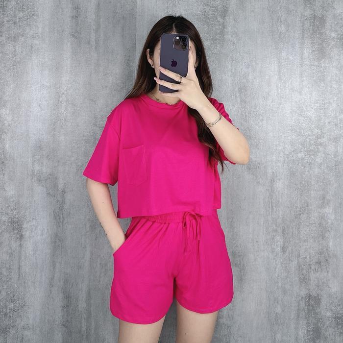 One Set Crop Pocket | Setelan Wanita Crop Top - Fuschia, One size