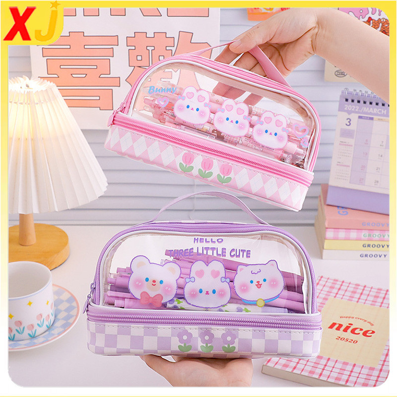 

Kartun Transparan PVC Pencil Bag Kapasitas Besar Lucu Portabel Anak Pencil Case Dengan Stiker Gratis