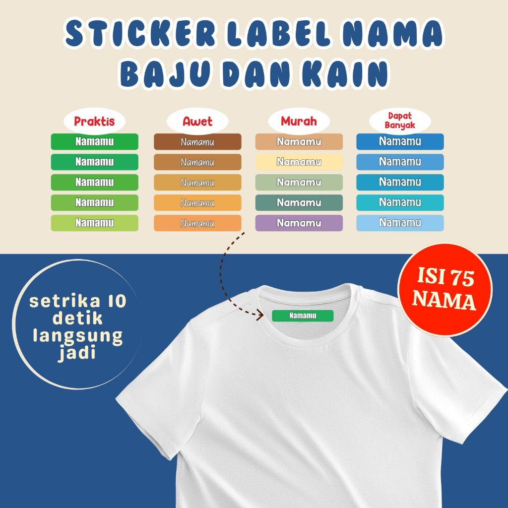 

75 PCS Sticker Label Nama Kain Baju Kaos Sablon Cukup Setrika Custom Tulisan DTF Sehari Jadi