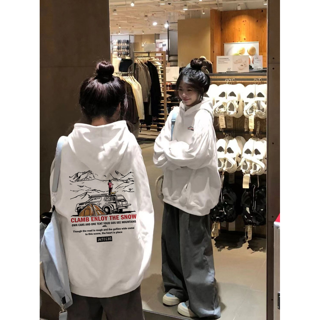 Qlioo Sweater Hoodie Oversize Wanita Retro Snow Mountain Print Hoodie Wanita Tebal Premium Ori