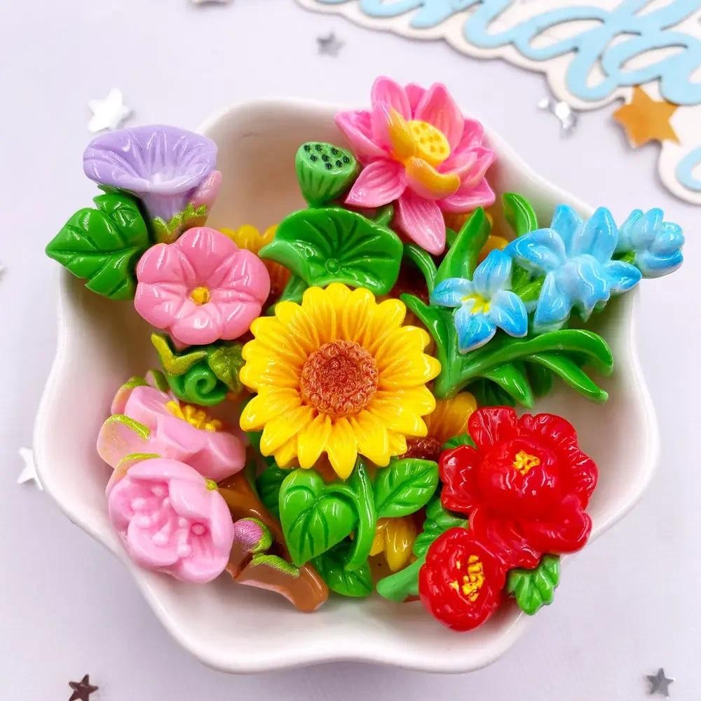 

10PCS Resin Kawaii Colorful Painted Sunflower Lotus Morning Glory Flatback Flower Stone Figurines Scrapbook Y Bow Decor Crafts