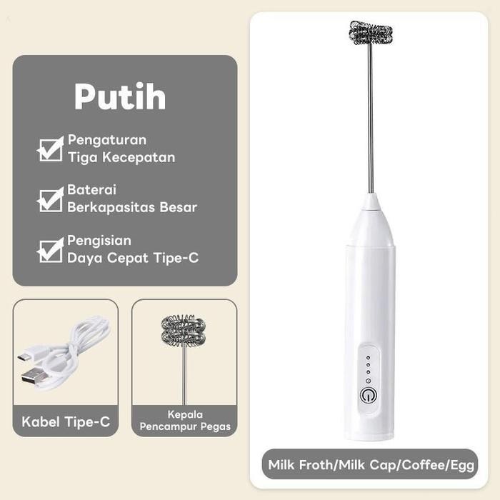 

【QQ174】Hand Mixer Mini Mixer Pengocok Susu Milk Frother High Speed Rechargeable Type-C - Putih-1-head