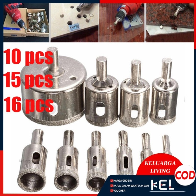 Mata bor Keramik Kaca Marmer Bulat 1 Set isi 16 / 15 / 10 Pcs Lubang Diamond Granit Besi Baja 8mm Sa