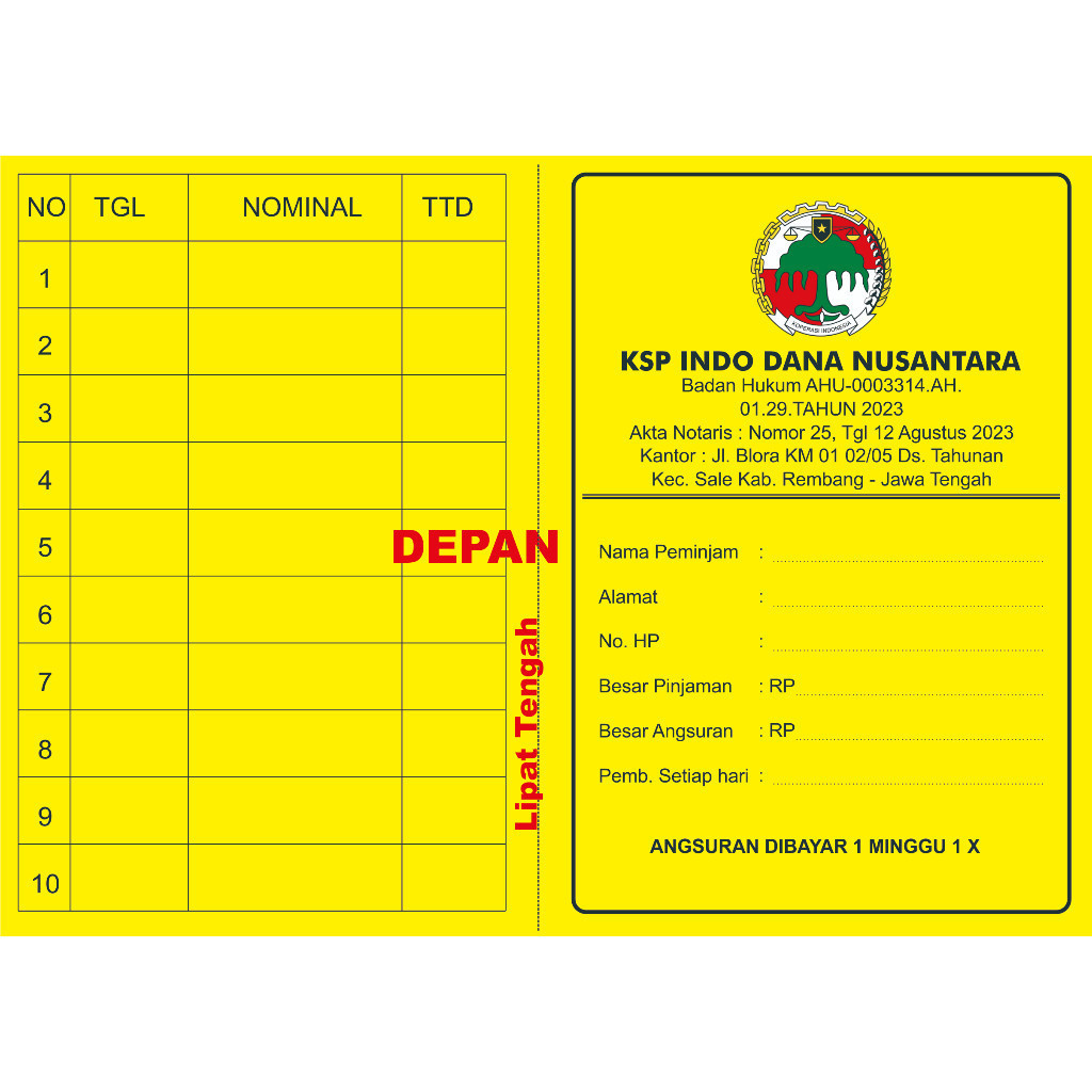 

Kartu Angsuran Koperasi / Kartu Pinjaman Koperasi Mingguan Custom