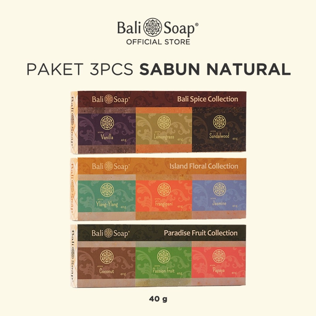 

Bali Soap - Paket 3pcs Sabun Natural 40gr Mix Aroma - Travel Size, BPOM & Halal, NON SLS & Paraben
