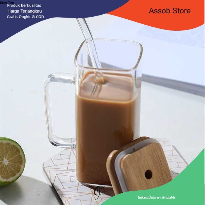 Gelas Kaca Unik Kotak Polos Besar Aesthetic Dengan Tutup Sedotan 350ml - Assob Store