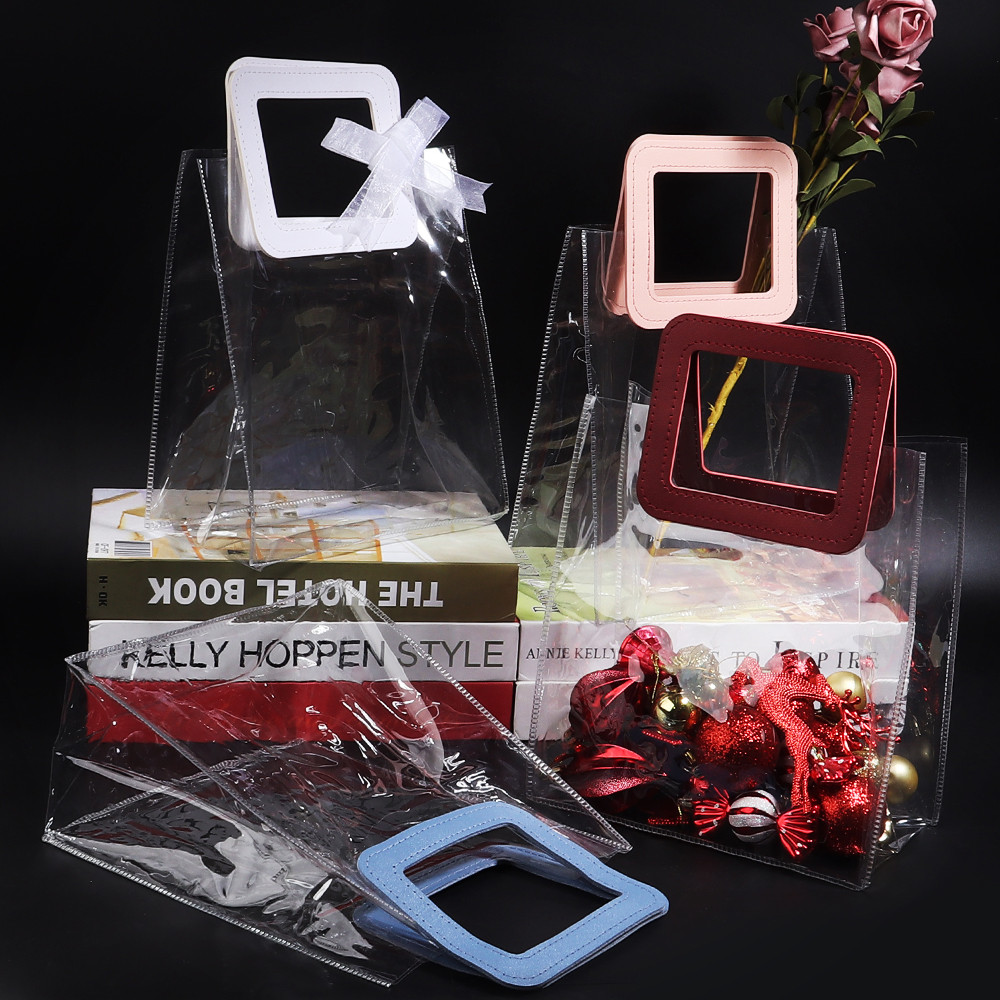 

PVC Transparent Gift Bags 25x22x12cm Handle Packaging Bags Reusable Tote Bag For Wedding Holiday Party Gift Candy Storage