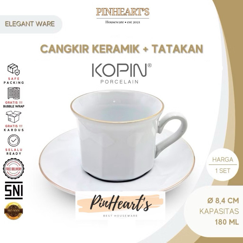 HSO - CANGKIR KERAMIK SET KOPIN ROYALLINE DENGAN TATAKAN MOTIF OCTIME SEGI 8 LIS GOLD KOPIN / GELAS 