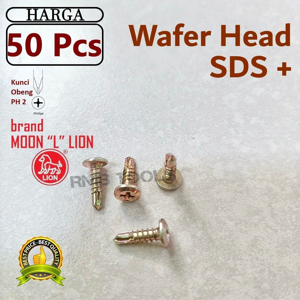 x50pcs Sekrup Wafer Head 6x13 1.3cm Brand Moon Lion Skrup SDS Roofing Ruping Baja Ringan 6 SWH06