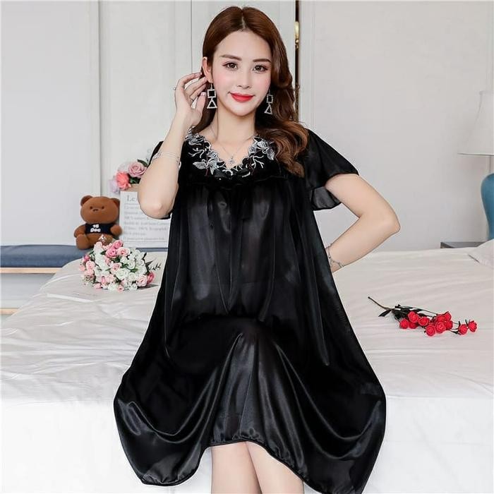 New Arrival Vergo - Dress RENDA BUNGA PUTIH PY 134 / Baju Tidur Wanita Jumbo - Hitam