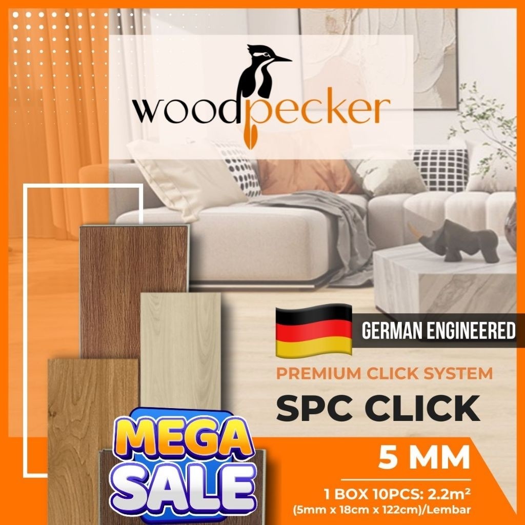 [ZORELL] SPC Lantai | Lantai SPC | SPC Flooring | WOODPECKER 5mm 1BOX (10PCS) Klik Sistem Tanpa Lem