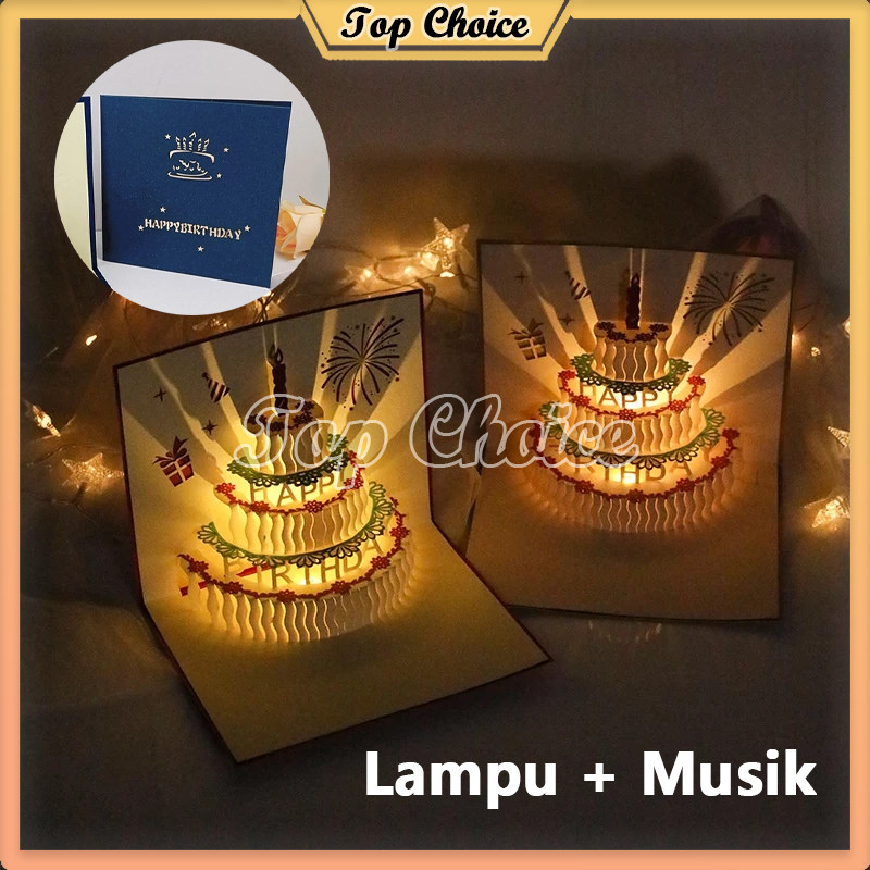 Kartu Ucapan Bentuk Kue Ulang Tahun 3D Musik LED / Kartu Ucapan Ulang Tahun Pop Up 3D