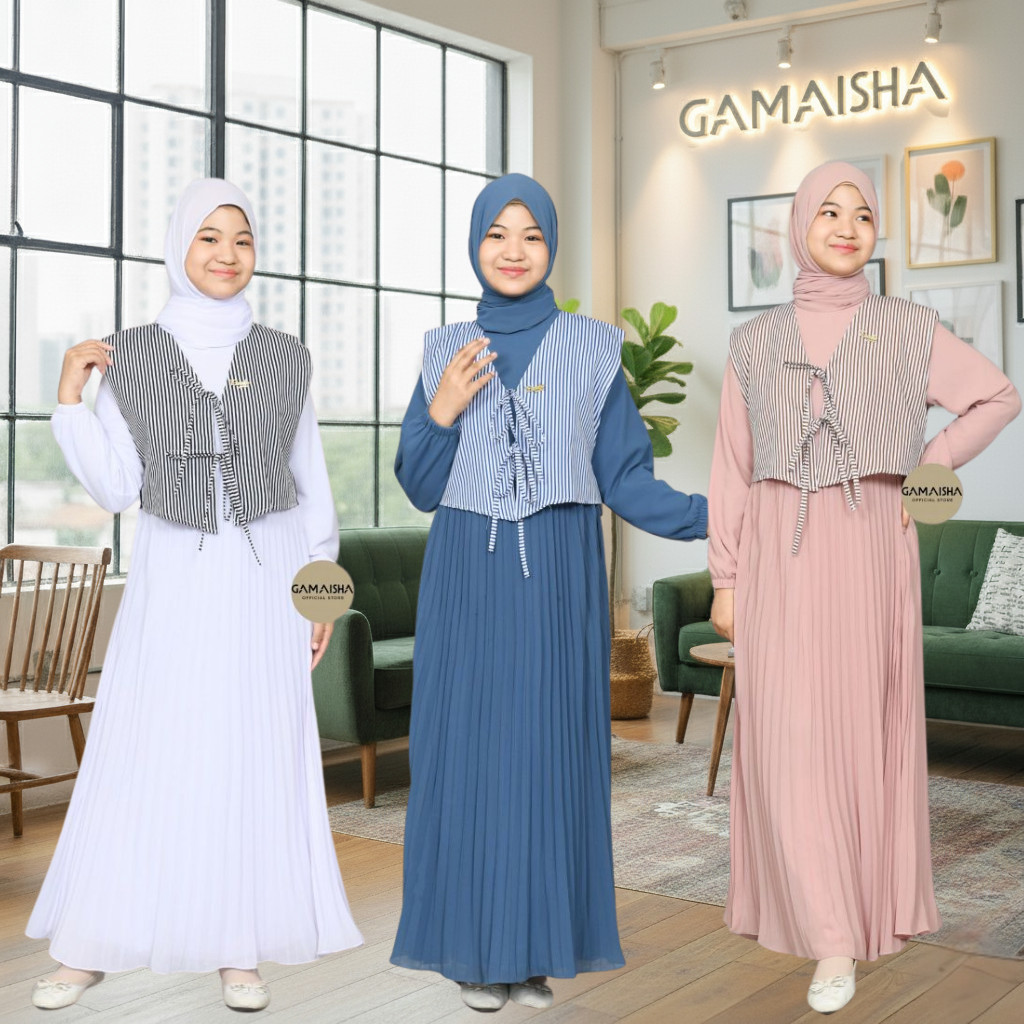 Gamis anak remaja tanggung perempuan plisket korean style free vest katun salur