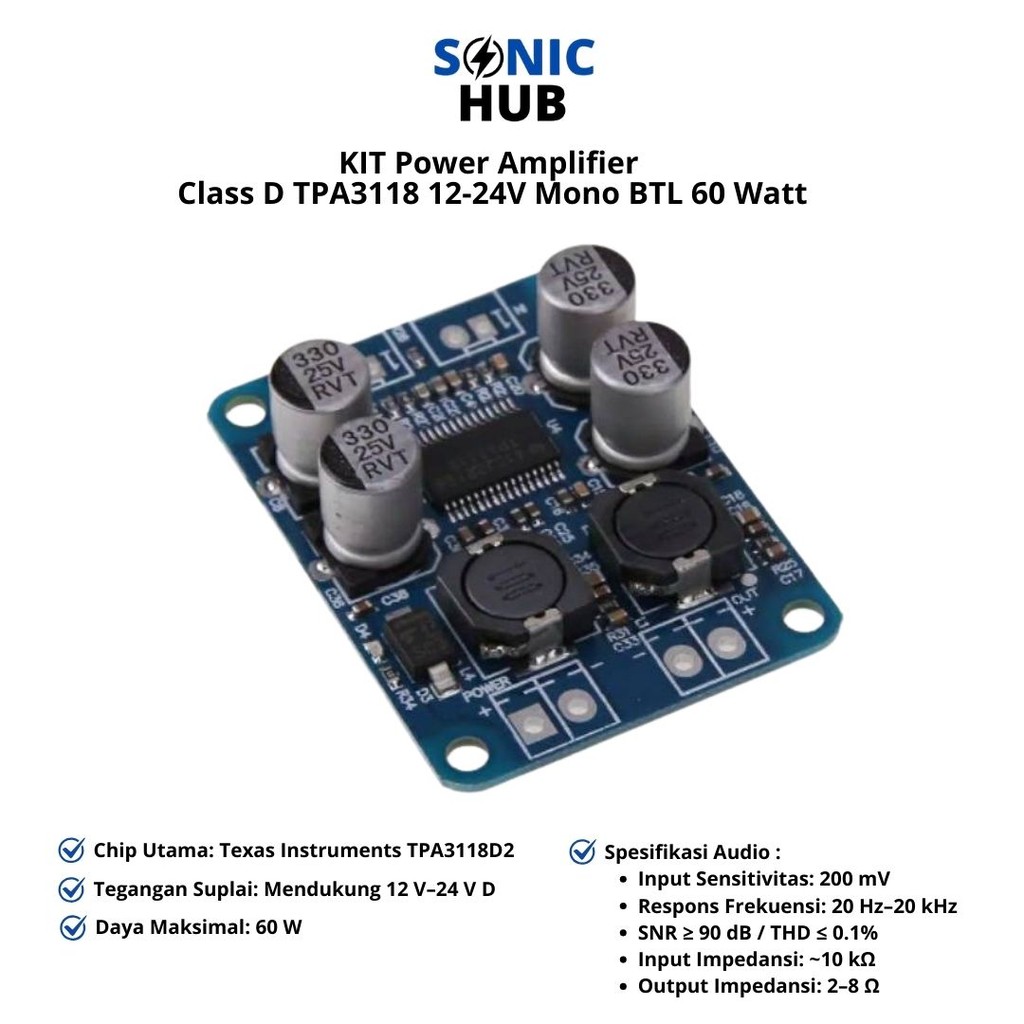 KIT Power Amplifier Class D TPA3118 12-24V Mono BTL 60 Watt