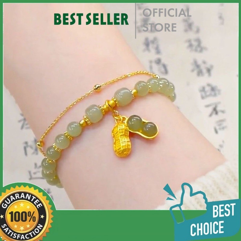 Gelang Giok Wanita Elegan Model Korea Retro Cina Batu Hijau Asli Liontin Persegi Manik Titanium Stee