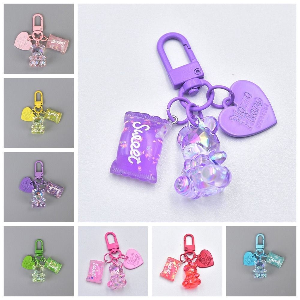 Cartoon Bling Heart Bear Key Ring Candy Color Letter Resin Gummy Bear Keychain Transparent Bag Decor