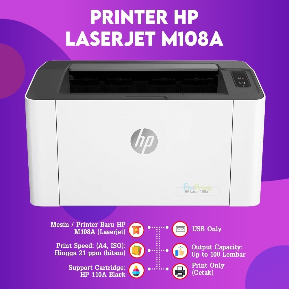 FixPrint Printer HP Monochrome 108A Print Only 108W WiFi Single Function Garansi 108W 107A 107W / 52