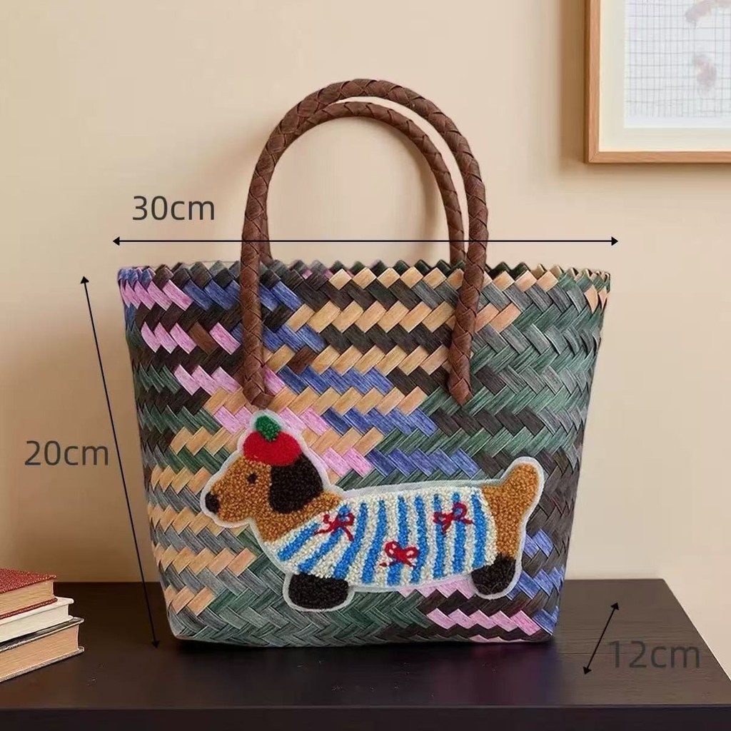 Tas jinjing kecil anak-anak bergambar kartun tas tangan tas jinjing anyaman imitasi rotan buatan tan