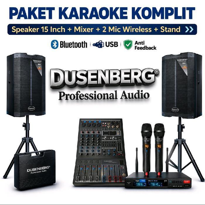 Paket Karaoke Komplit Speaker 15 Inch DUSENBERG + Mixer + 2 Mic Wireless + Stand | Bluetooth USB Ant