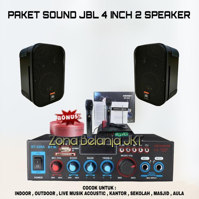 PAKET SOUND SYSTEM CAFE RESTO KANTOR KLINIK AULA KARAOKE SPEAKER JBL 4 INCH 2 SPEAKER AMPLIFIER USB 