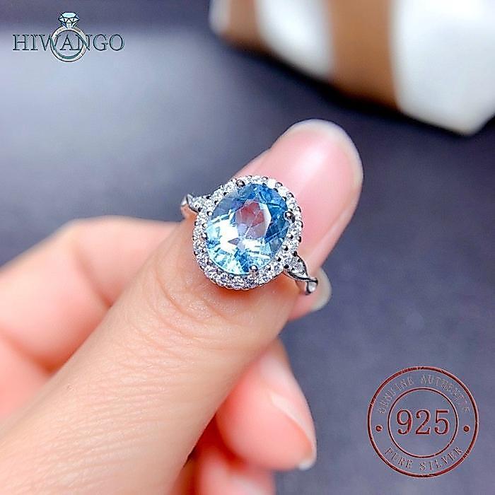 HIWANGO Perhiasan Batu Permata Berwarna Zircon 5A Perak 925 Cincin Topaz Amethyst - Biru Laut, 7*9MM