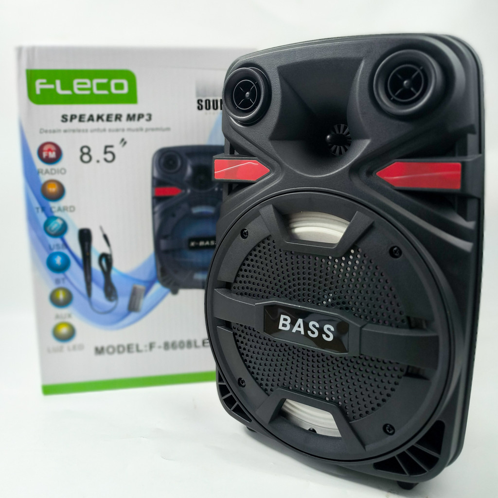 smart Speaker Bluetooth Karaoke Fleco F-8608 Bonus Mic X -BASS 8,5 INCH - Hitam, 8,5 Inch Include Re