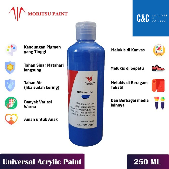 

Cat Lukis Akrilik Moritsu Premium 250ml - Moritsu Premium Acrylic Paint 250ml