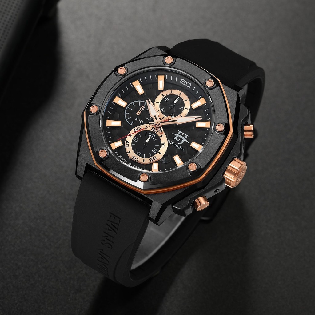 Evans Jayden Jam Tangan Pria 9586 Rubber Kaca Sapphire Chronograph Water Resistant 10ATM
