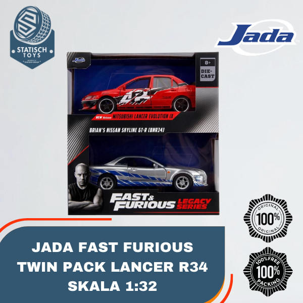 Jada Fast And Furious 2 Pack Lancer IX & Nissan Skyline GT-R Skala 32 Diecast Mobil Koleksi Original