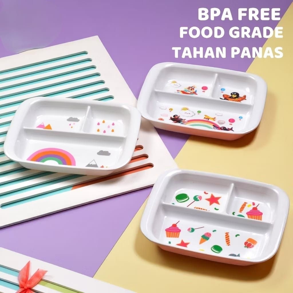Piring Melamin Anak Piring Segi Piring Bulat Piring Sekat Karakter Tebal
