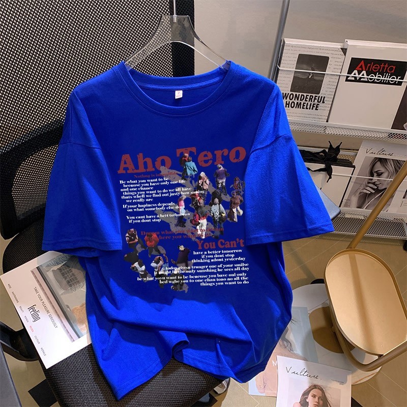 Kaos wanita oversize biru outfit korean style | Kaos kaos cotton combed oblong lengan pendek | Baju 