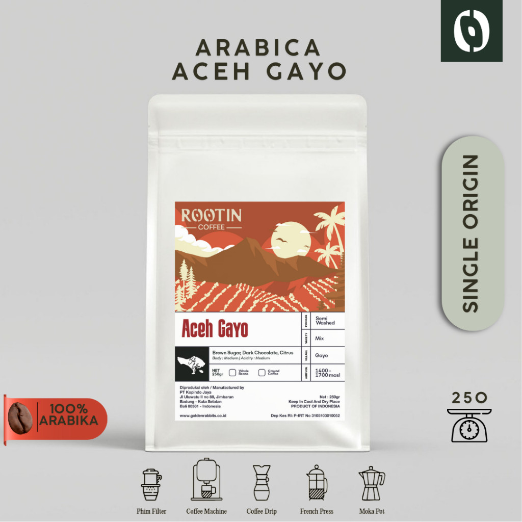 

Rootin Coffee Aceh Gayo Single Origin Arabika Roasted Beans Biji dan Bubuk Kopi / 250gr