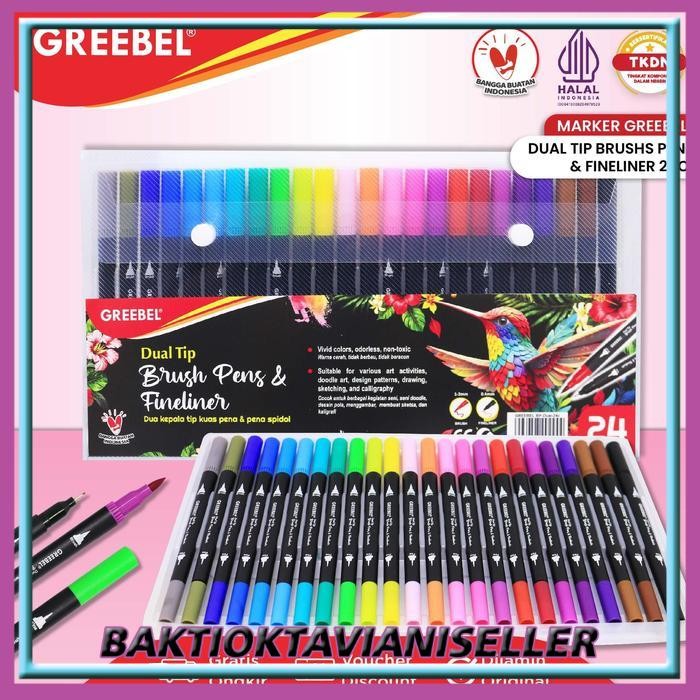 

GREEBEL Dual Tip Brush Pen Color / 24 Warna / Pena Kuas Warna / Spidol Set Marker Drawing Pen