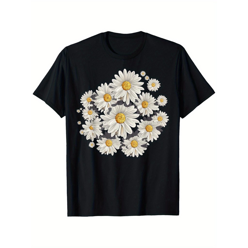 Kaos Pria Bunga Daisy Hitam - Kaos Distro Katun, Gaya Santai, Ukuran S-XXXL, Kaos Pria Keren