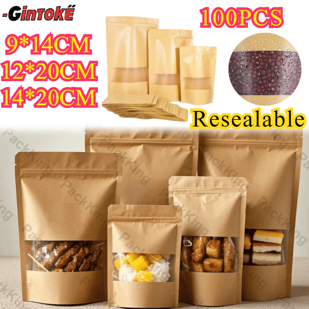 100PCS Standing Pouch Kraft Paper Ziplock/Standing Pouch Kraft Paper Window Warna Coklat/Resealable