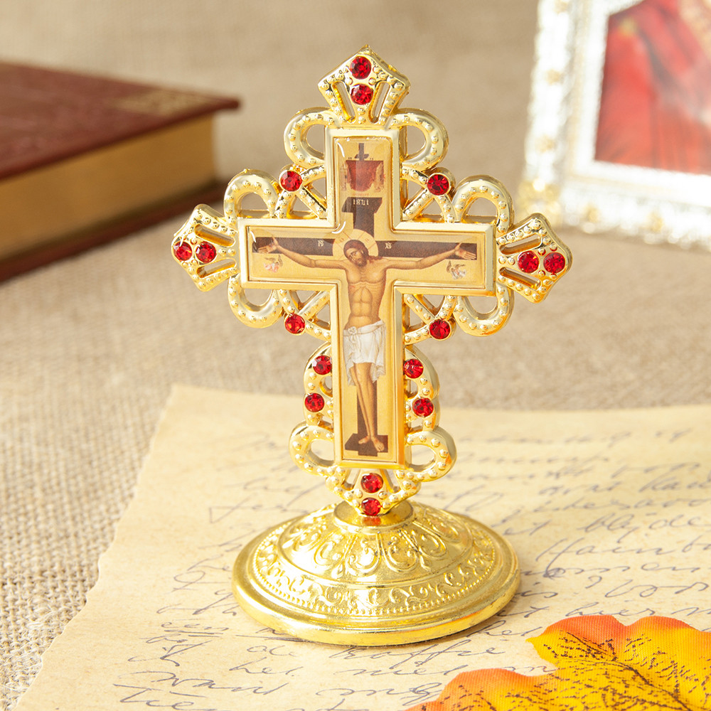 HT 2024 New Church Supplier Metal Jesus Icon Crucifix Orthodox Table Cross With Stand For Prayers Je