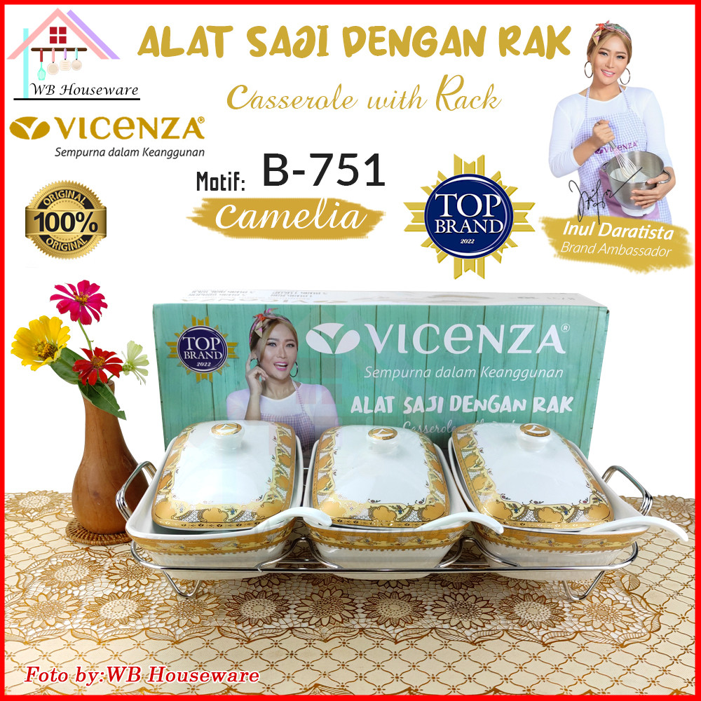 VICENZA wadah saji set isi 3 + rak motif Camelia / pemanas makanan / casserole food warmer keramik B