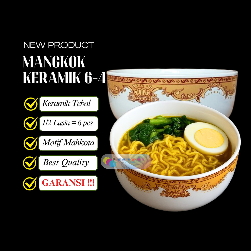Mangkok Keramik 1/2 Lusin Aesthetic Tahan Panas 6inch Motif Mahkota Packing Kayu