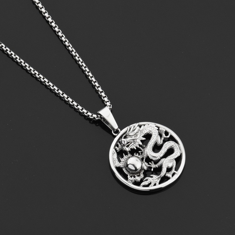 Gaya etnik pria kalung piring naga bermain bola liontin pola naga liontin rantai sweater panjang