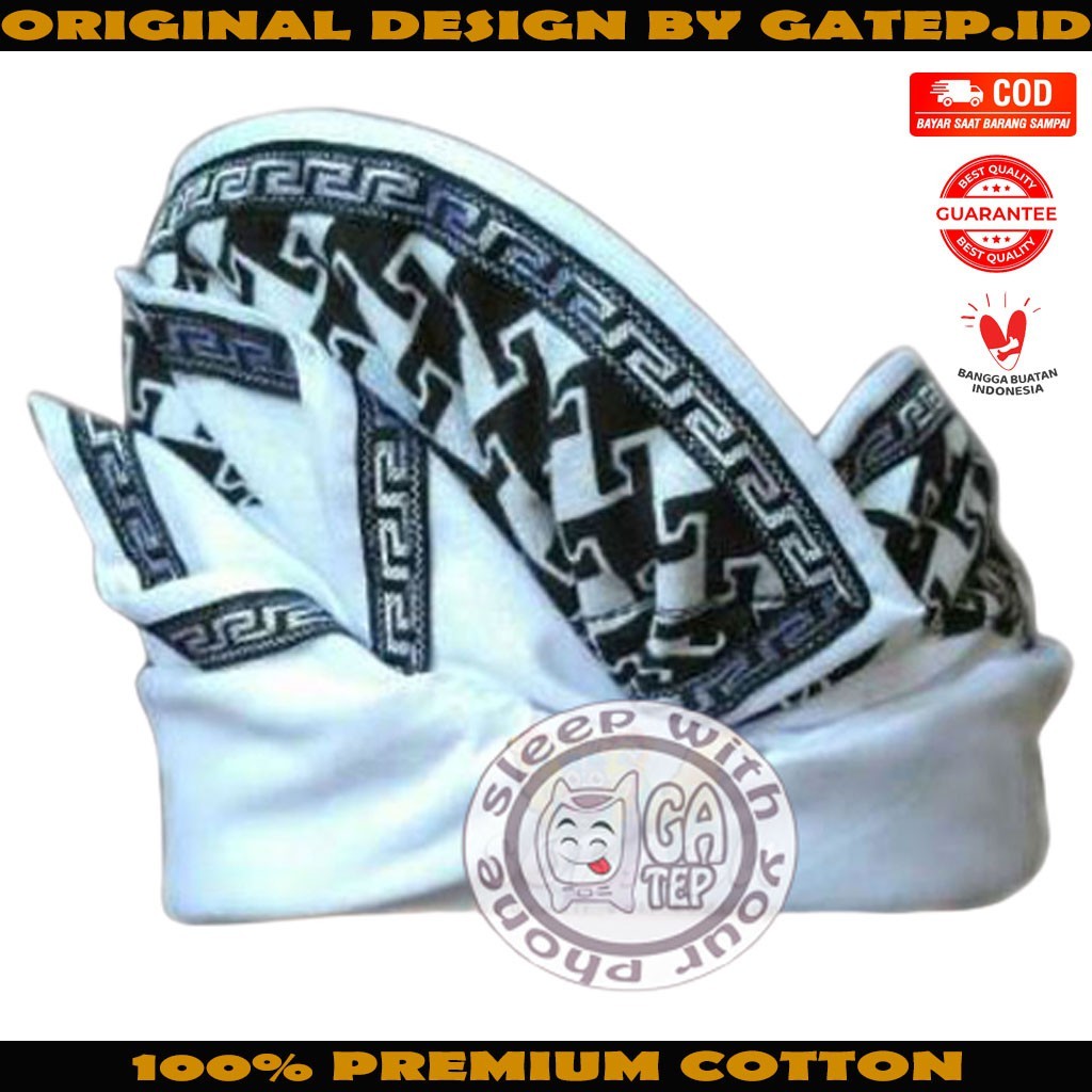 Udeng Bali Putih Polos Tepi Poleng Hitam Putih Setengah Jadi - Ikat Kepala Bali - Topi Bali