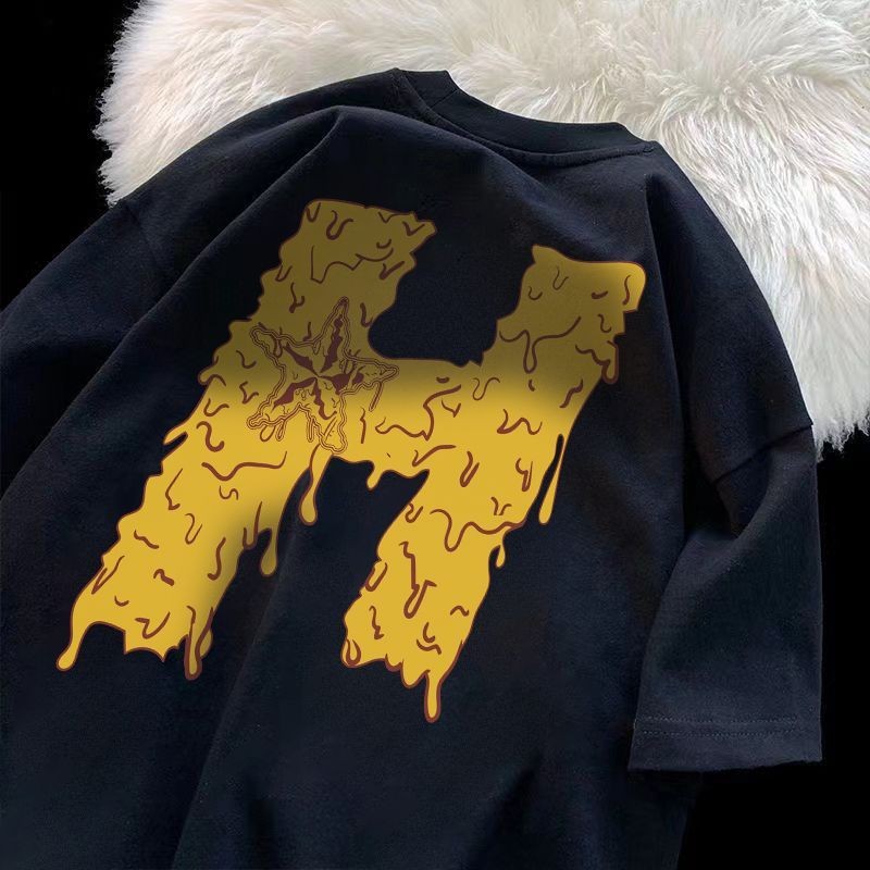 Kaos Katun Cetak Padang Rumput Huruf H Unisex Gaya Fashion Longgar