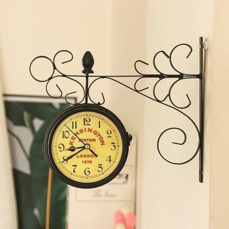 Vintage Decorative Double Sided Metal Wall Clock Antique Style Station Wall Clock Wall Hanging Clock