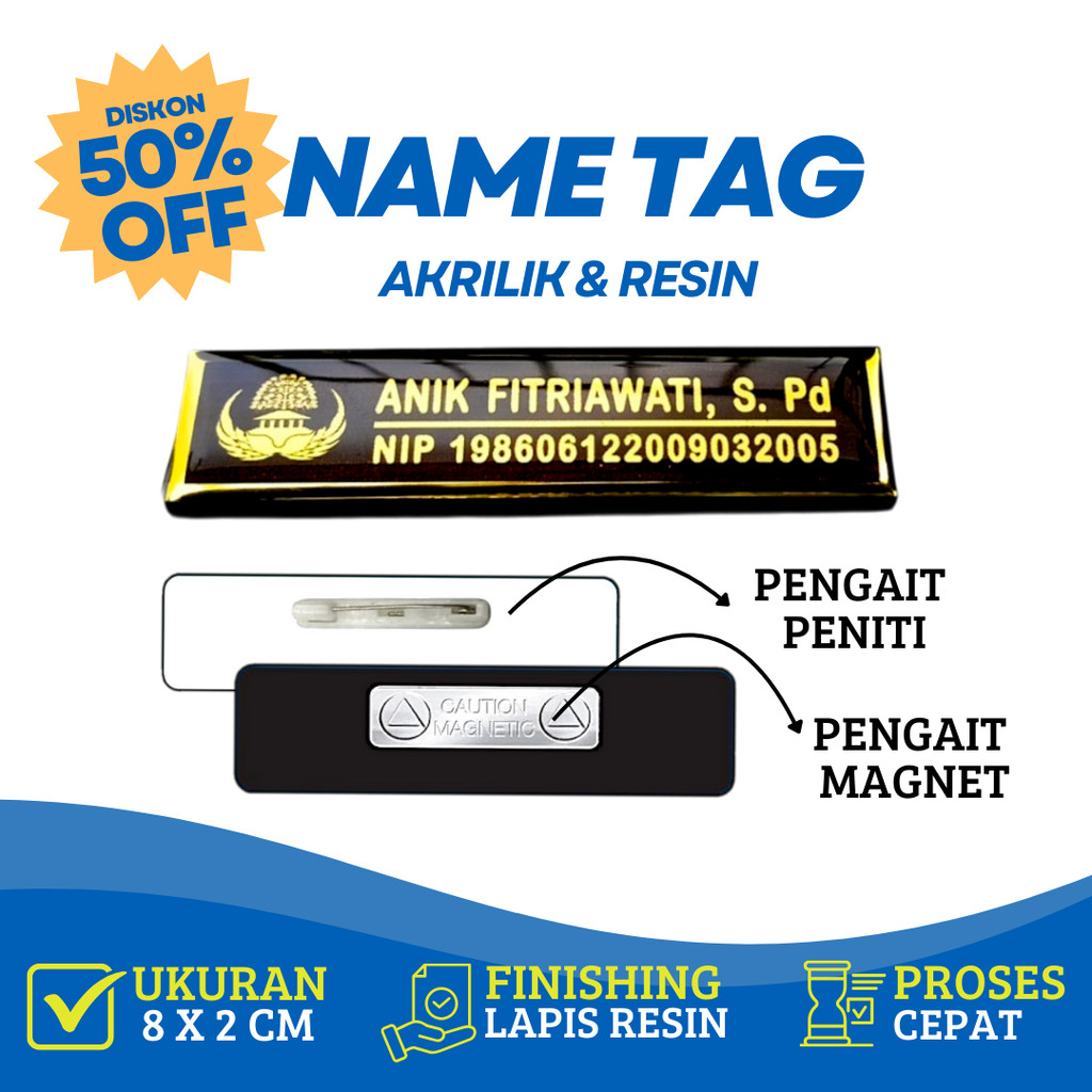 Name Tag Nama Dada Akrilik Magnet Peniti Gold Silver
