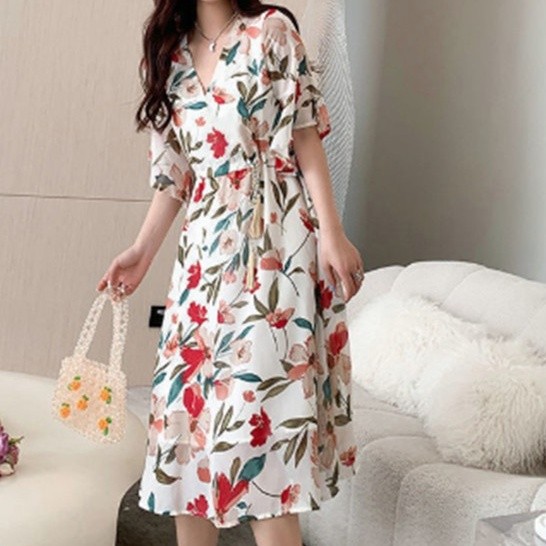 COD dress wanita/dress floral/dress bunga/dress bunga korea/dress korea/midi dress korea/dress santa